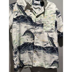 Sun Casuals Men’s Hawaiian Shirt L Marlin Fishing Ocean Scene Sporty Athleisure